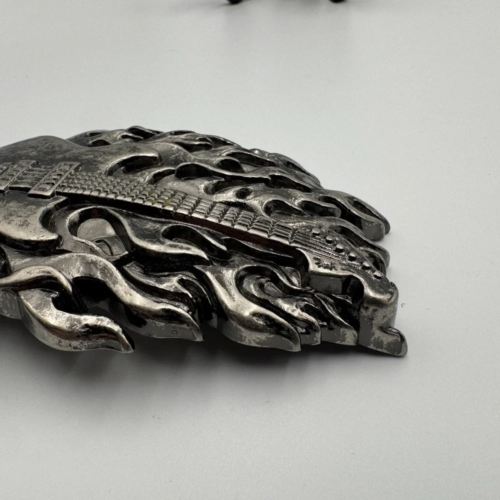 Screaming Skull Electric Guitar Flames Belt Buckle‎ Antique Silver Biker Rocker